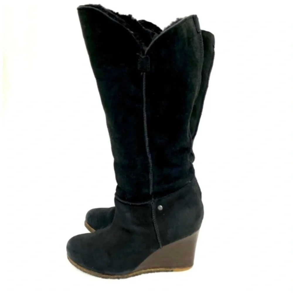 Ugg Suede Sheepskin Knee High Wedge Boot In Black